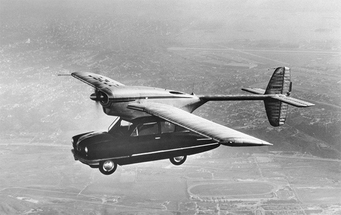 The Convair Model 118 ConvAirCar, a 1947 attempt at a flying car, featuring a car body with airplane wings, showcasing early flying car concepts.