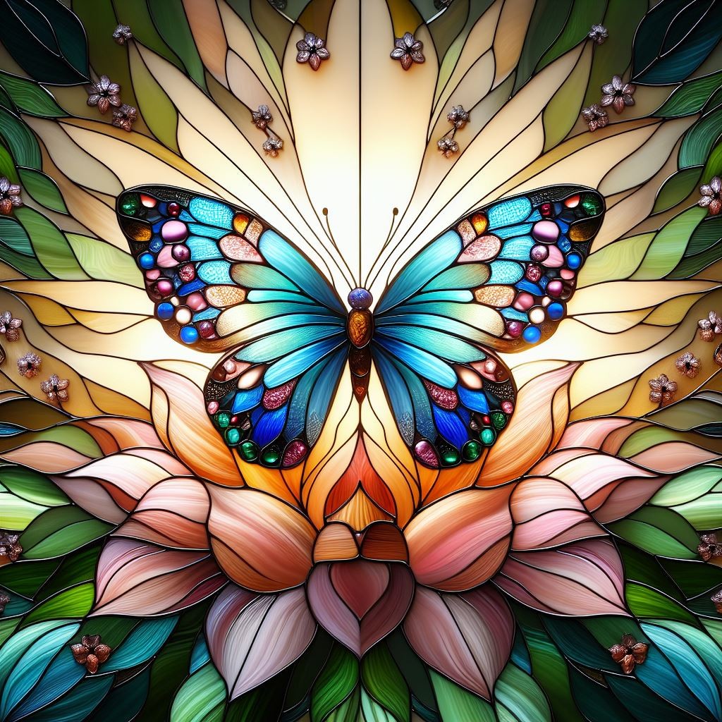 Stunning stained glass butterfly image generated by Bing AI, perfect for sublimation car coaster designs.