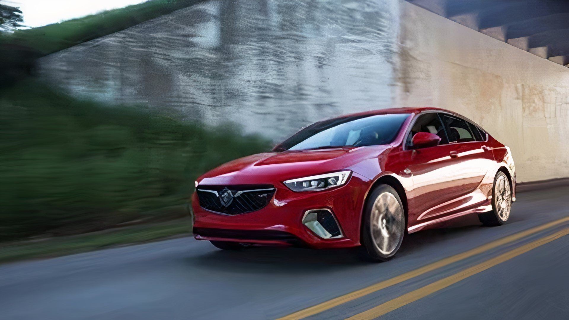 Front 3/4 action shot of a 2019 Buick Regal Sportback GS