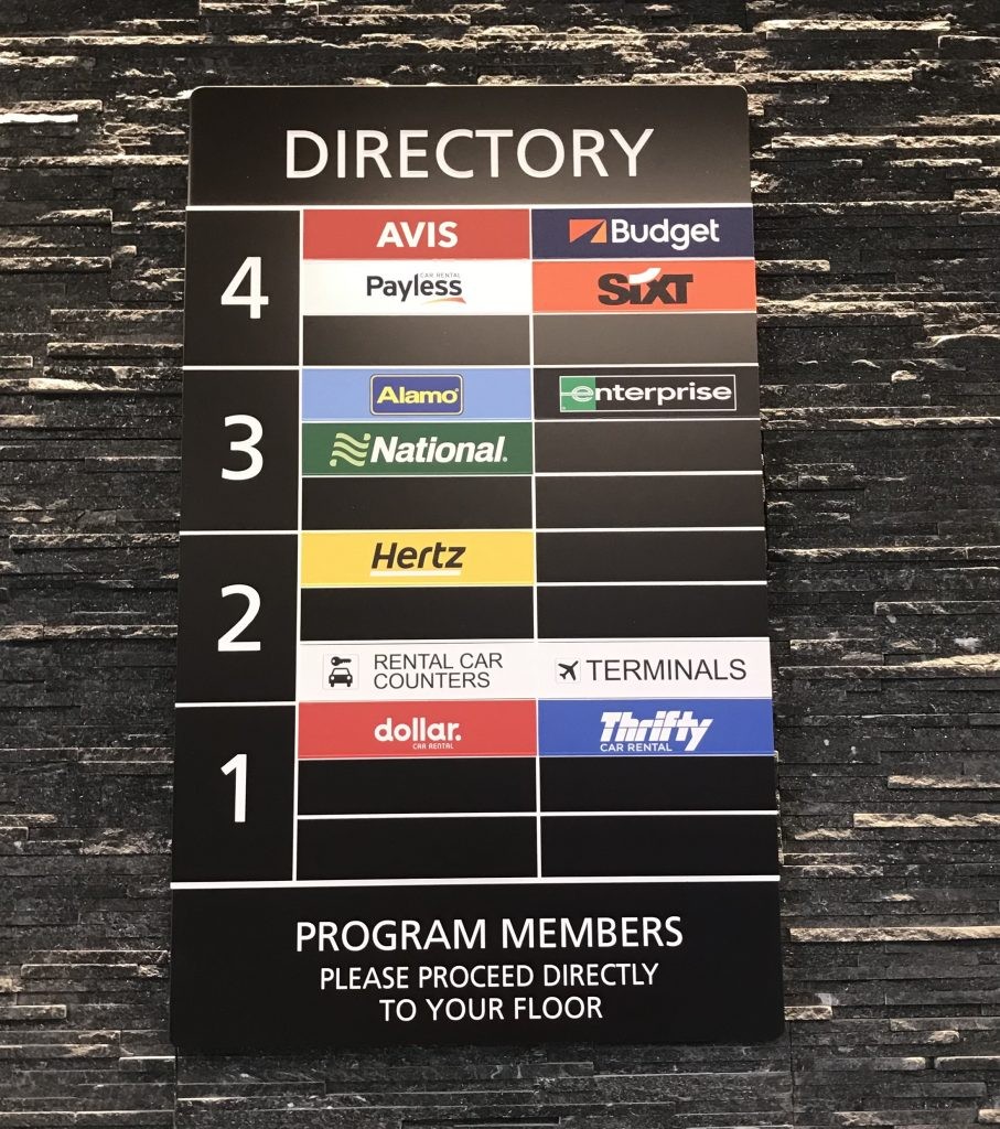 Directory sign listing car rental companies at Honolulu Airport's CONRAC facility