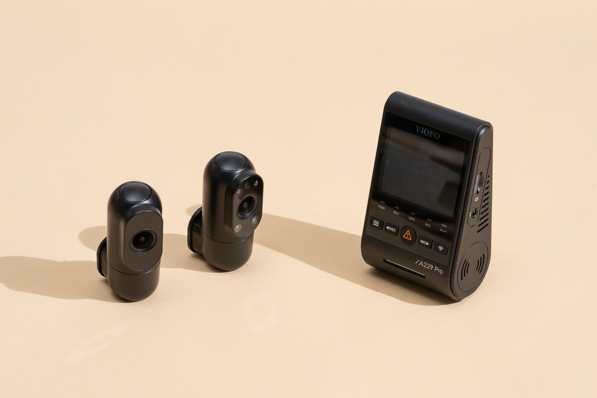 The Viofo A229 Pro multi-channel dashcam setup showcasing its front, rear, and interior cameras, recognized as the top pick for comprehensive vehicle recording.