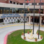 Front view of Captain James A. Lovell Federal Health Care Center main building, North Chicago, Illinois, providing healthcare services to veterans and military personnel