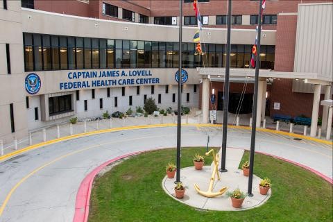 Front view of Captain James A. Lovell Federal Health Care Center main building, North Chicago, Illinois, providing healthcare services to veterans and military personnel