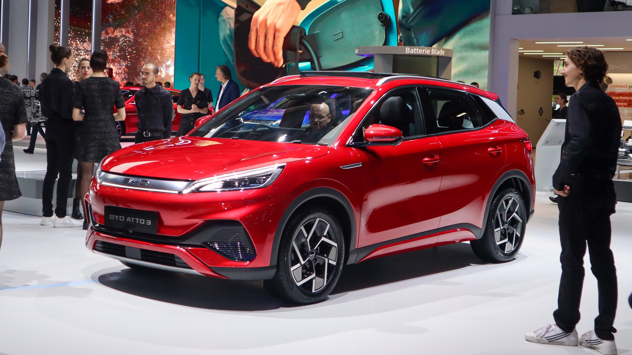 BYD Atto 3 showcased at the 2022 Paris Motor Show, highlighting its modern design and appeal to the European market.