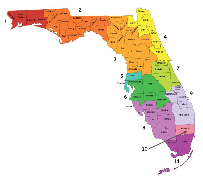 Florida map color coded by Area Agencies on Aging regions