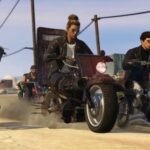 GTA 5 fastest cars: three people on lowrider motorbikes driving on a dirt road.