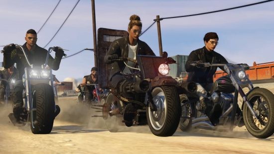 Fastest bikes in GTA 5 online: a group of riders cruising on motorcycles, showcasing the thrill of high-speed chases and races in Grand Theft Auto V.