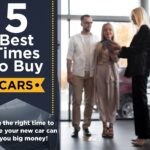 Happy couple receiving car keys from a dealership salesperson, representing the positive outcome of buying a car at the best time.