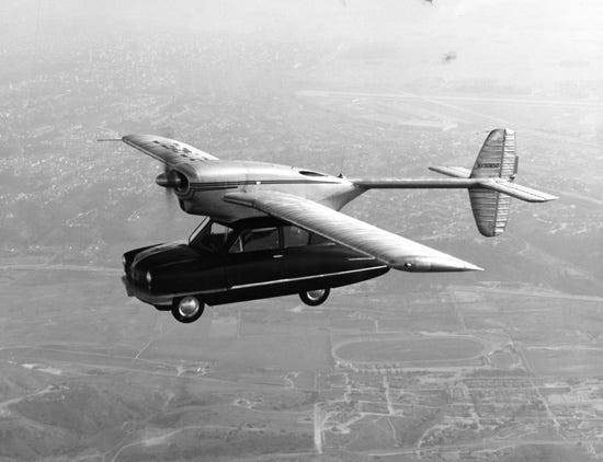 The Convair Model 118 ConvAirCar, a vintage example of a flying car concept from the past, showcasing early attempts at combining car and aircraft technology.