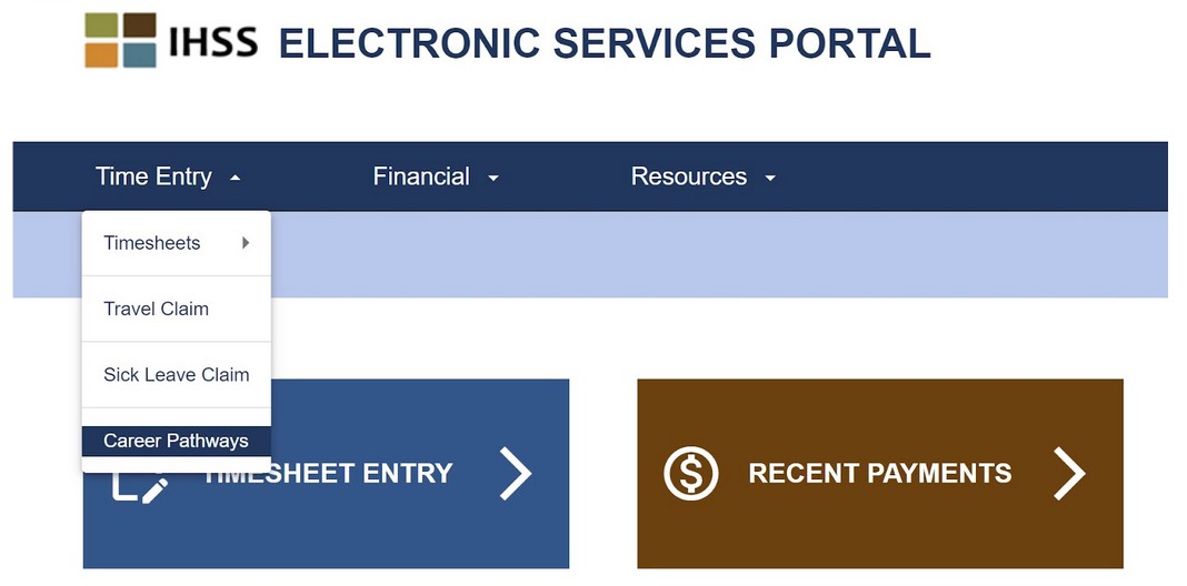 Navigating to the Career Pathways time entry section in the IHSS timesheet portal