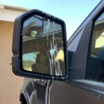 Bird perched on a car mirror, seemingly observing its reflection