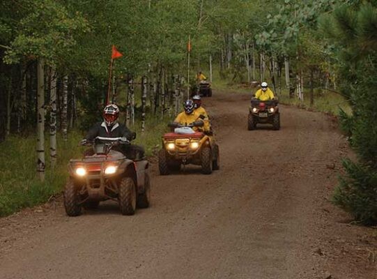 Three riders on dirt road with OHVs