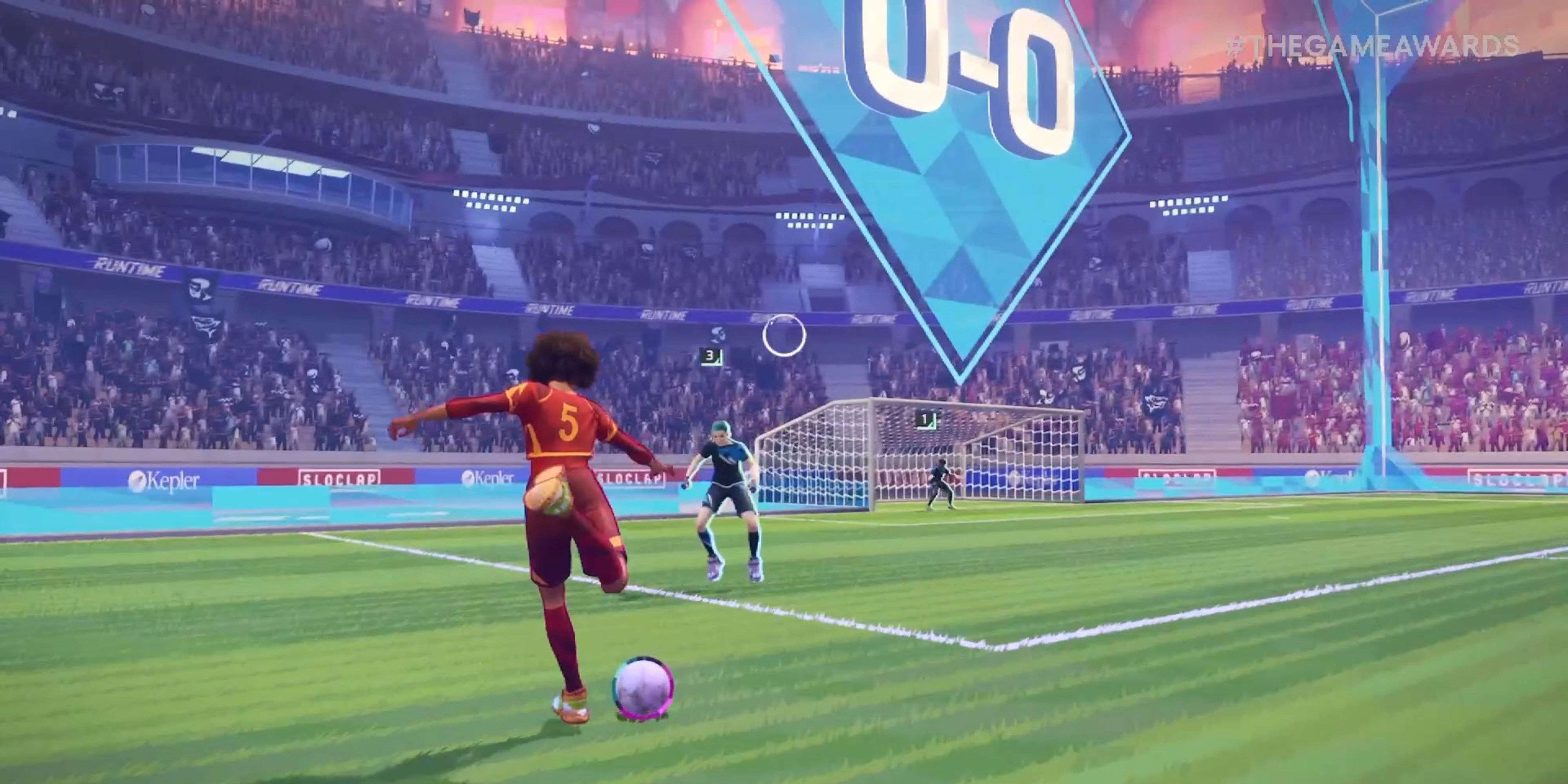 Rematch gameplay showcasing online football action reminiscent of Rocket League but without cars, highlighting player-focused gameplay.