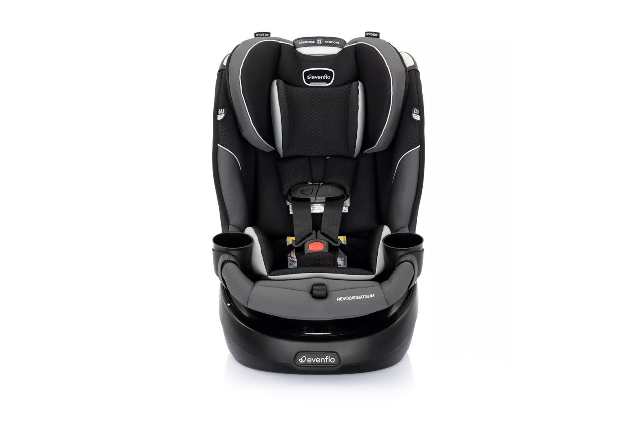 Front view of an Evenflo Revolve360 Slim convertible car seat attached to its base.