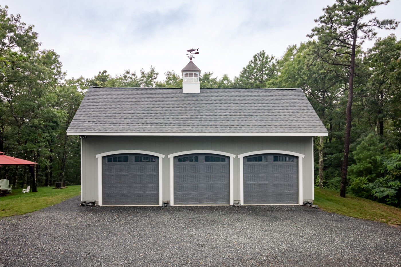 A 28x36 saltbox prefab 3-car garage in Plymouth, MA.