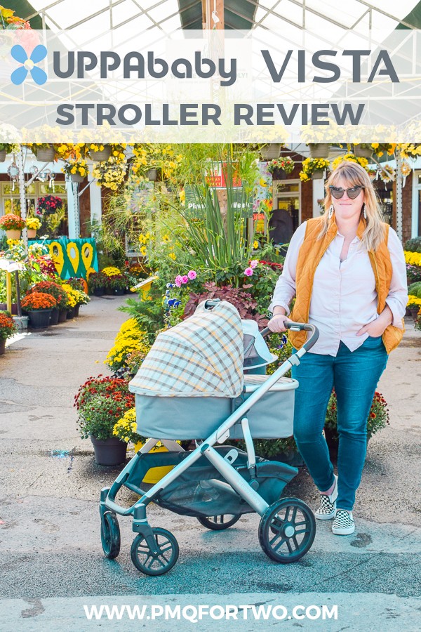 Baby girl in UPPAbaby VISTA stroller with MESA car seat, showcasing the stroller's design and functionality.