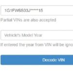 Screenshot of the NHTSA VIN decoder input field, prompting users to enter the VIN and model year with a 'Decode VIN' button.