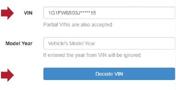 Screenshot of the NHTSA VIN decoder input field, prompting users to enter the VIN and model year with a 'Decode VIN' button.